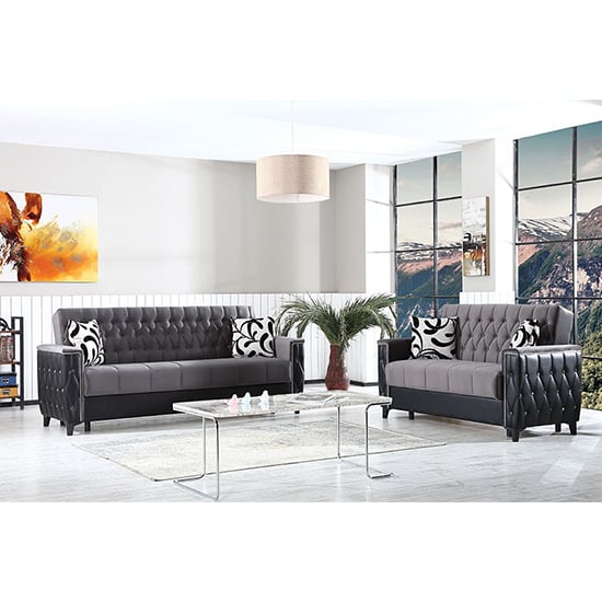 Kanata Plush Velvet Storage 3+2 Seater Sofa Beds In Grey Black