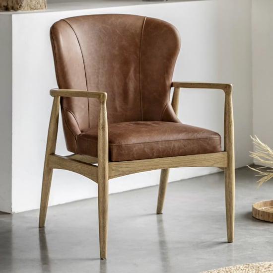 Tampa Leather Armchair Brown With Wooden Frame In Antique